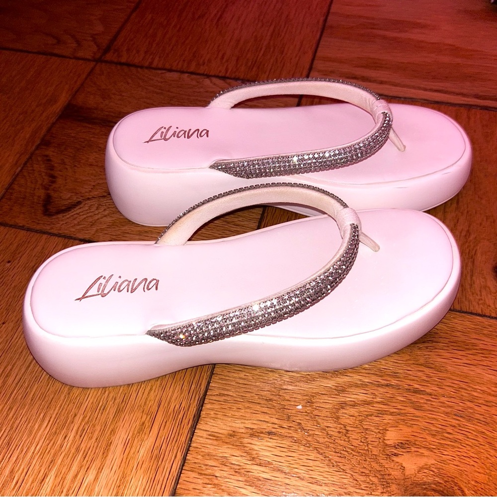 Liliana White Rhinestone Wedged Sandals